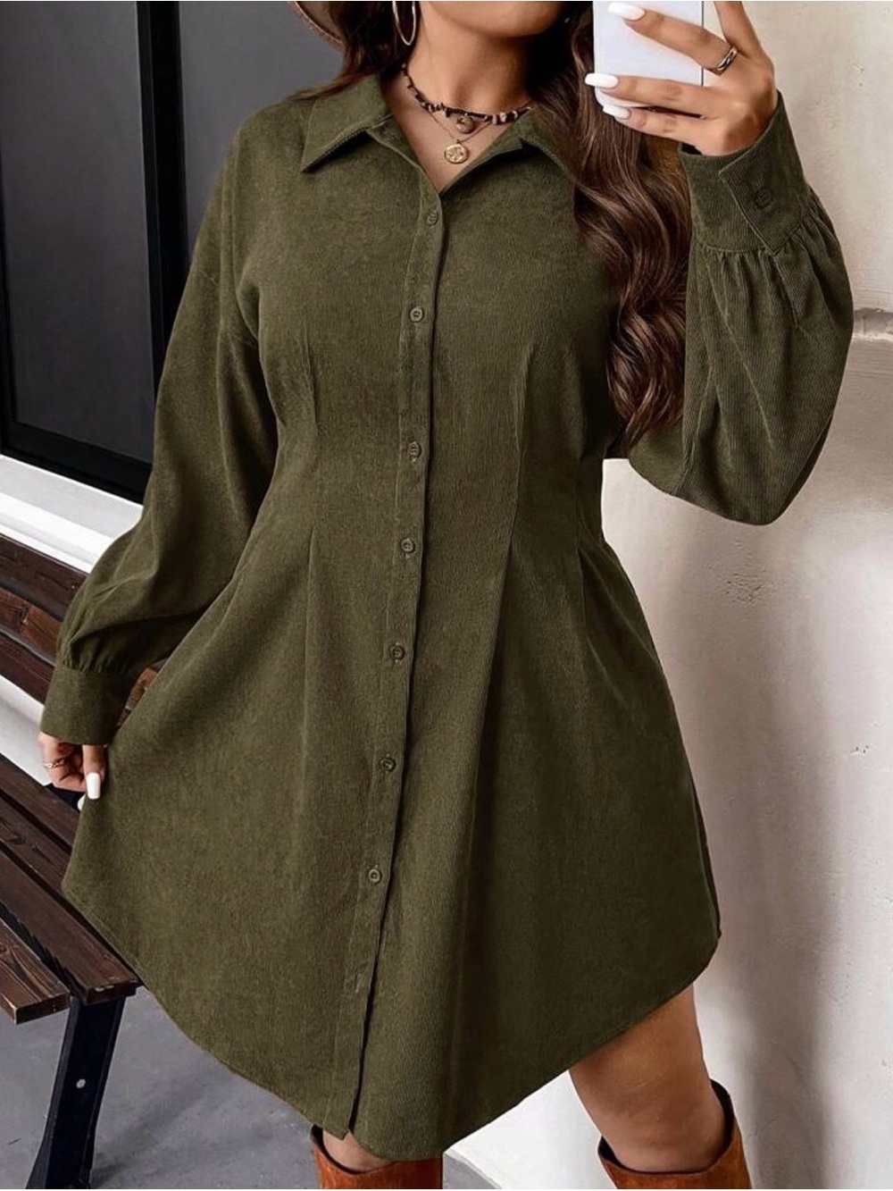 SHEIN Cinched Waist Cardigan Style Vintage MIDI Dress Army Green